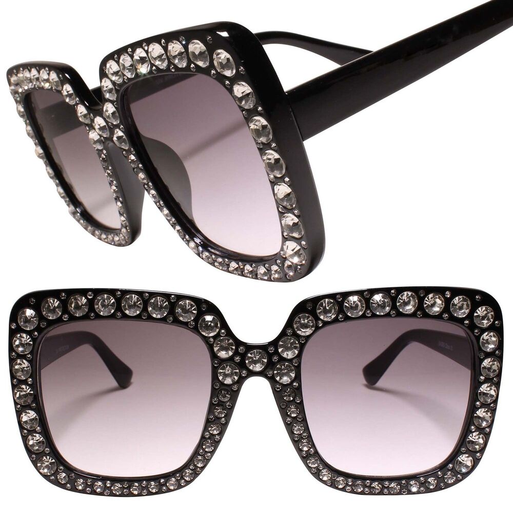 Designer Luxury Classy Oversized Bling Rhinestone Square Sunglasses Black